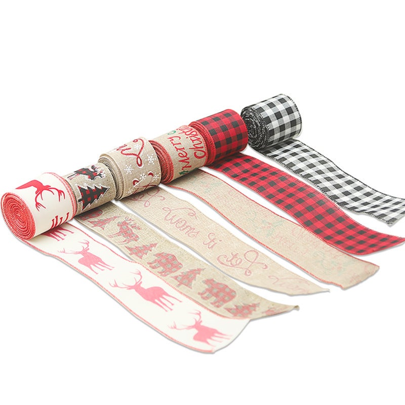 Christmas Ribbon: 5 Styles Faux Burlap Wired Edge - Durable Reusable Bow Ribbon for Christmas Holiday Decor & DIY Crafts - Image 4