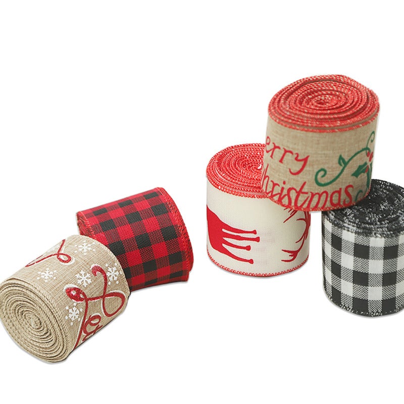 Christmas Ribbon: 5 Styles Faux Burlap Wired Edge - Durable Reusable Bow Ribbon for Christmas Holiday Decor & DIY Crafts - Image 1