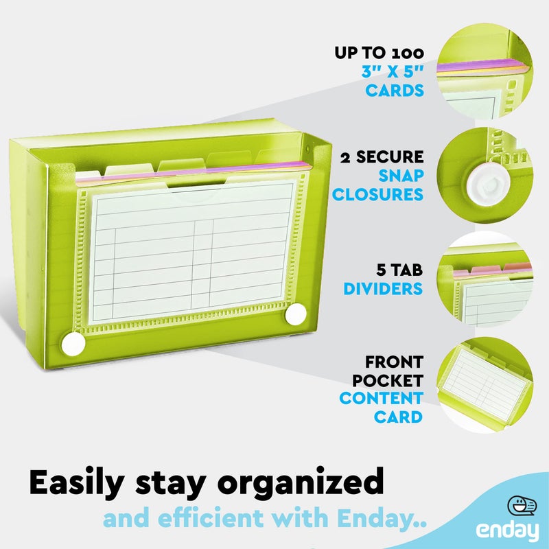 Enday Index Card Holder Green, 3x5 Note Flash Card Organizer Case, File Box with 5 Dividers, Notecard Box Holds 100 Cards, Also Available in Red, Purple, Blue, Pink, Grey, 1 Pack â€“ By Enday - Image 3