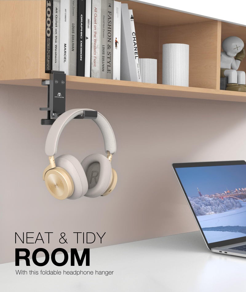 APPHOME Foldable Headphone Stand Hanger Holder, Space-Saving Aluminum Soundbar Stand with Universal Fit for Gaming PC Accessories, Under Desk Clamp Hook Mount (Black-1PC) - Image 3
