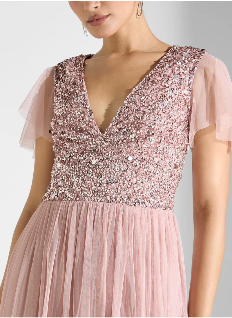 Lace and Beads Flutter Sleeve Ruffle Dress