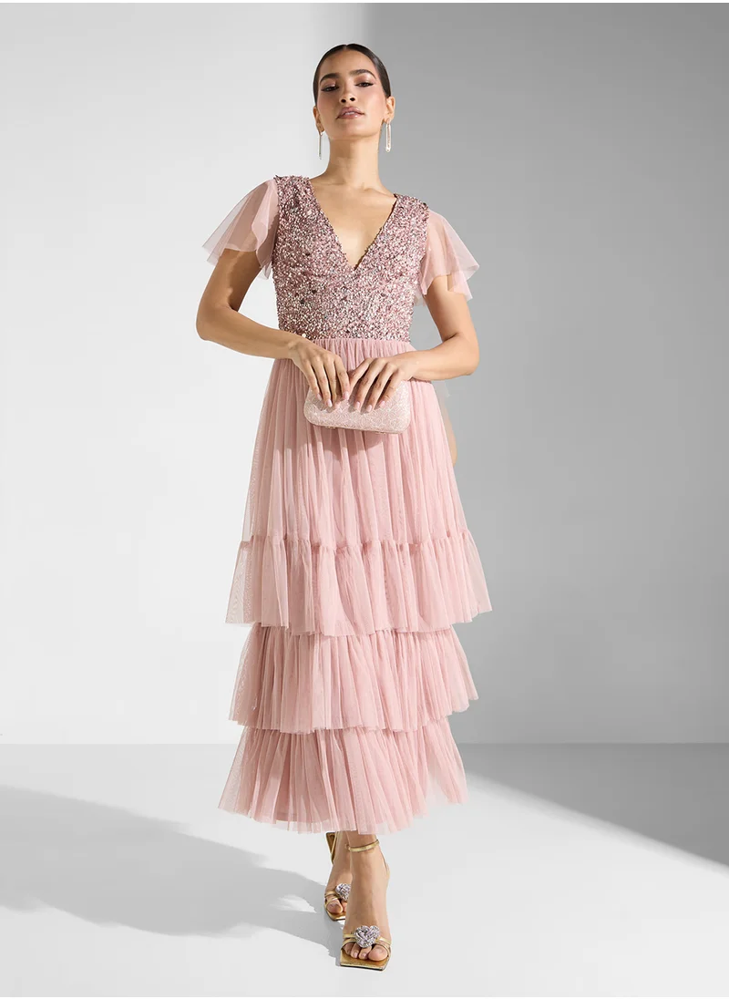 Lace and Beads Flutter Sleeve Ruffle Dress