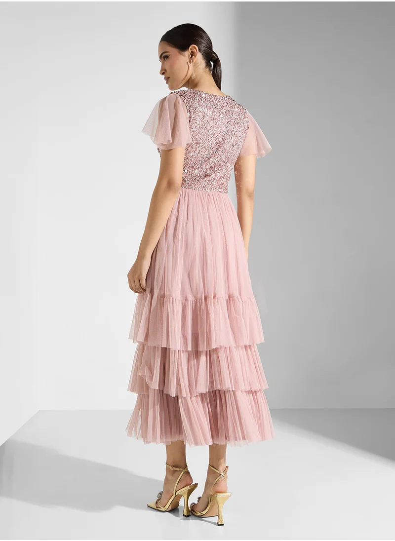 Lace and Beads Flutter Sleeve Ruffle Dress