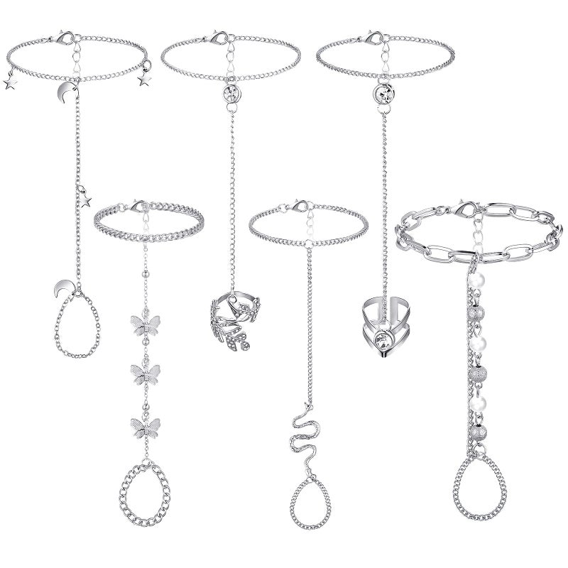 Fumete 6 Pieces Finger Ring Bracelet Linked Rhinestone Hand Harness Chain Slave Bracelet with Ring Everyday Jewelry for Women Girls (Simple) - Image 1