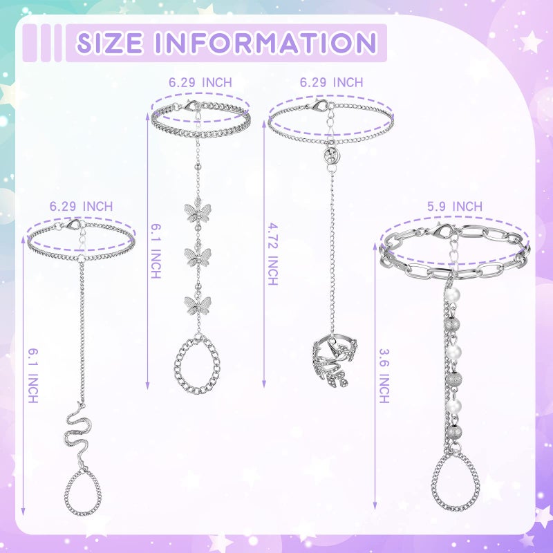Fumete 6 Pieces Finger Ring Bracelet Linked Rhinestone Hand Harness Chain Slave Bracelet with Ring Everyday Jewelry for Women Girls (Simple) - Image 3