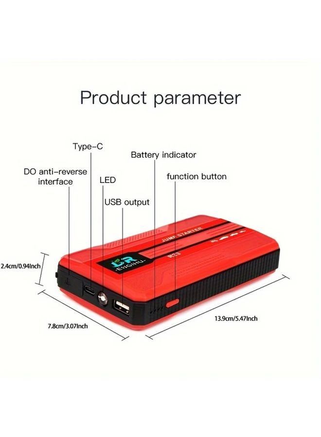 مشغل سيارة محمول أحمر مع بنك طاقة وضوء LED وأداة طوارئ SOS للمركبات 12 فولت - Image 3