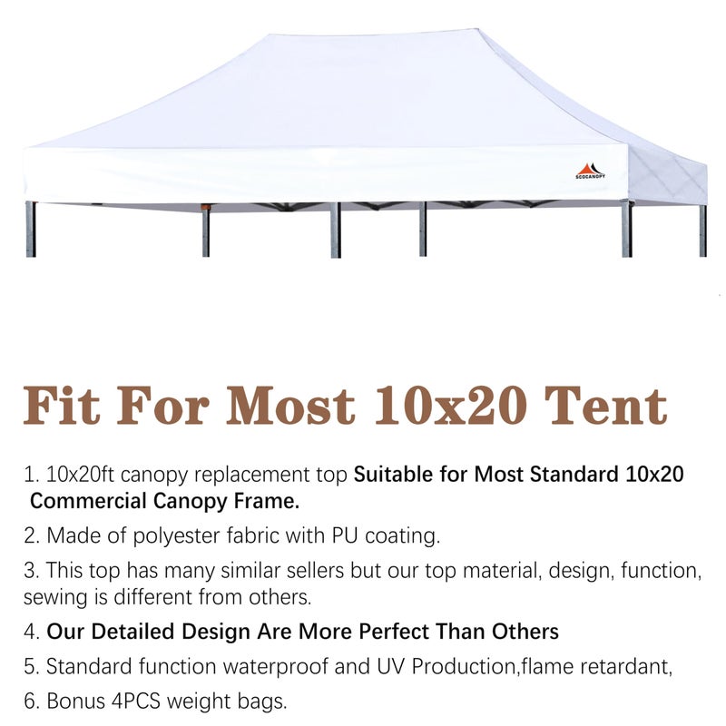 SCOCANOPY Commercial 10x20 Canopy Replacement Canopy Top,Canopy Cover ONLY,Bonus 4 Pack Weight Bag (White) - Image 2