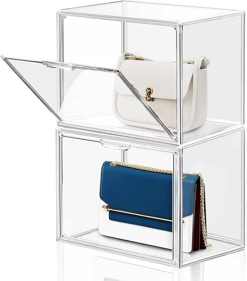 RELEMTRA RELEMTRA Display Case Clear Plastic Magnetic Drop Front Storage Box Luxury Stackable Display Showcase for Handbag Toys Cosmetic Shoe Book Pack of 2  - Image 1