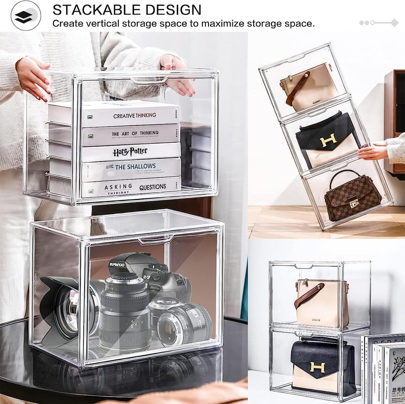 RELEMTRA RELEMTRA Display Case Clear Plastic Magnetic Drop Front Storage Box Luxury Stackable Display Showcase for Handbag Toys Cosmetic Shoe Book Pack of 2  - Image 4