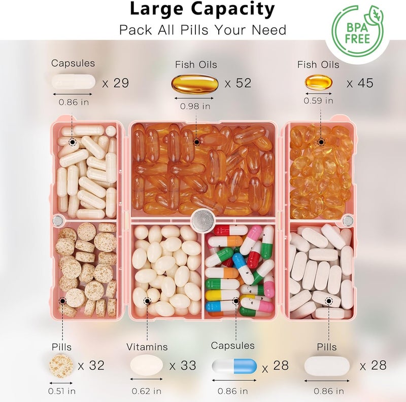 FYY Daily Pill Organizer,2 Pcs 7 Compartments Portable Pill Case Travel Pill Organizer,[Folding Design] Pill Box for Purse Pocket to Hold Vitamins,Cod Liver Oil,Supplements and Medication-Pink+Navy - Image 4