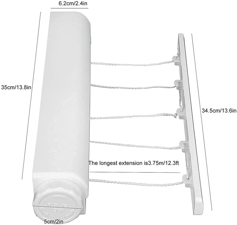 Gnanex 5 Line Automatic Retractable Clothesline Telescopic Rope Hanger with Hook Drying Rack Wall Mounted Clothes Hanging for Indoor Terraces Balconies 35 x 10 x 6 White - Image 3