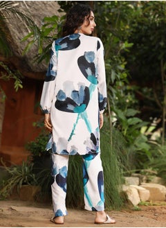  قصة Women's Prussian Blue & Ivory White Artistic Floret Kurta Set  - Image 4