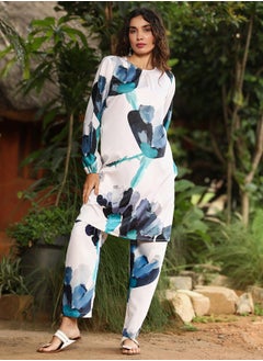  قصة Women's Prussian Blue & Ivory White Artistic Floret Kurta Set  - Image 2