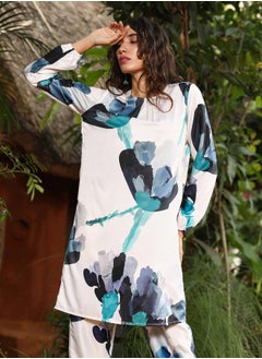  قصة Women's Prussian Blue & Ivory White Artistic Floret Kurta Set  - Image 1