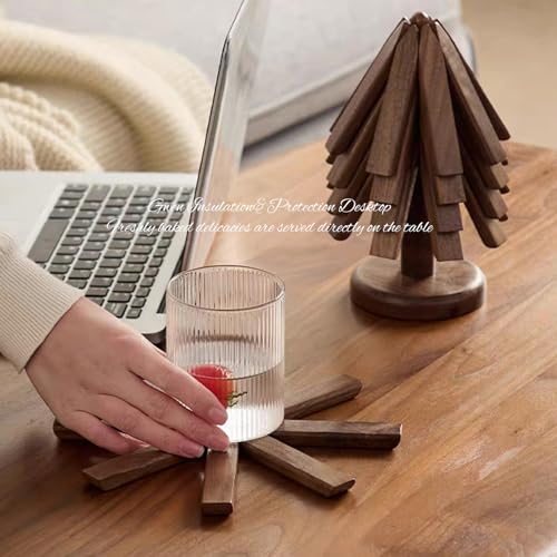 DEOLD Trivets for Hot Dishes - Tree Washer Set, Wooden Pinwheel Coaster Set with Stand for Easy Storage - for Fondue pots, Pans, Bowls, teapots, Warming Trays - Versatile Decorations (A Walnut 4 pcs) - Image 5