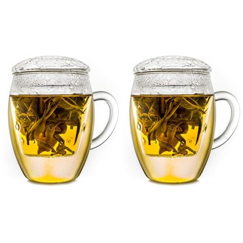 Creano 2x All-In-One Tea Glass with integrated Glass Filter and Lid - 14oz (400ml) - Image 1