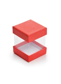 A set of (12) transparent distribution boxes with a red cardboard lid and base