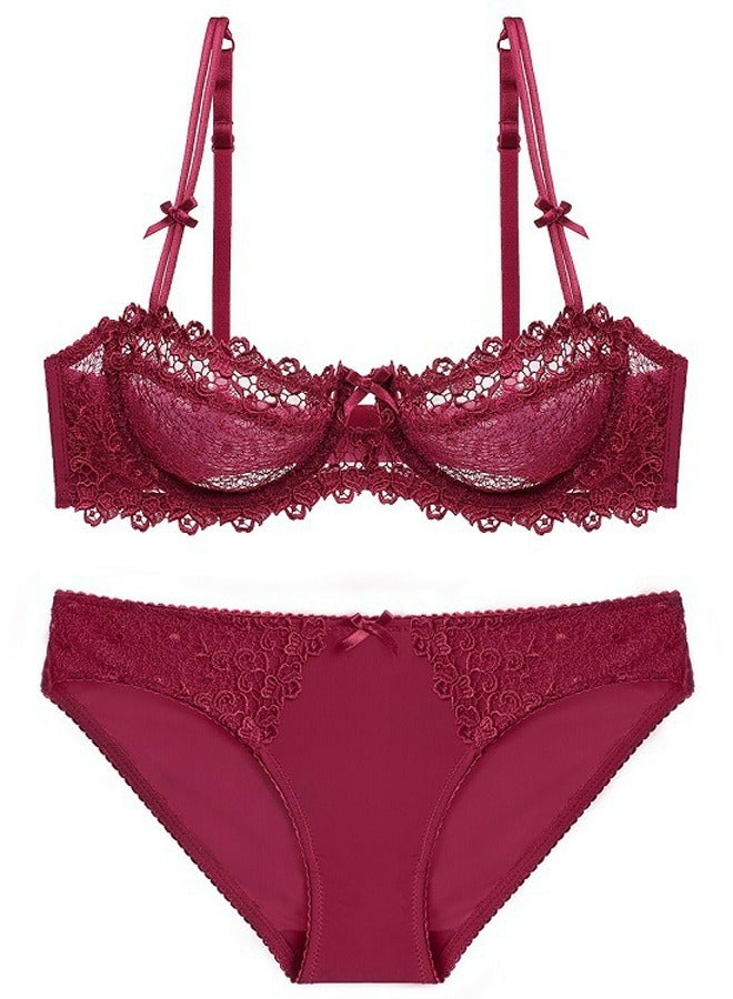 Loquat Solid Color Ultra Thin 1/2 Cup Lace Bra And Panty Set Red 