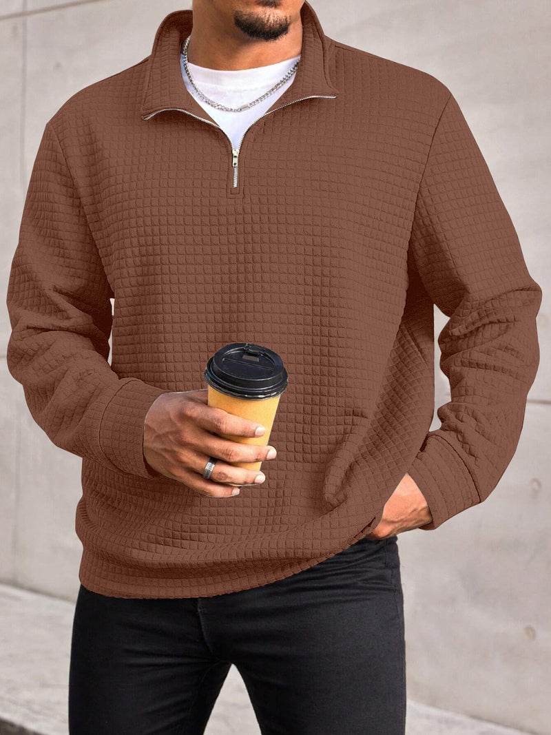 KAJARU Men's Textured Half-Zip Short Sleeve Sweatshirt - Casual Summer Pullover Top (in, Alpha, M, Regular, Coffee) - Image 4