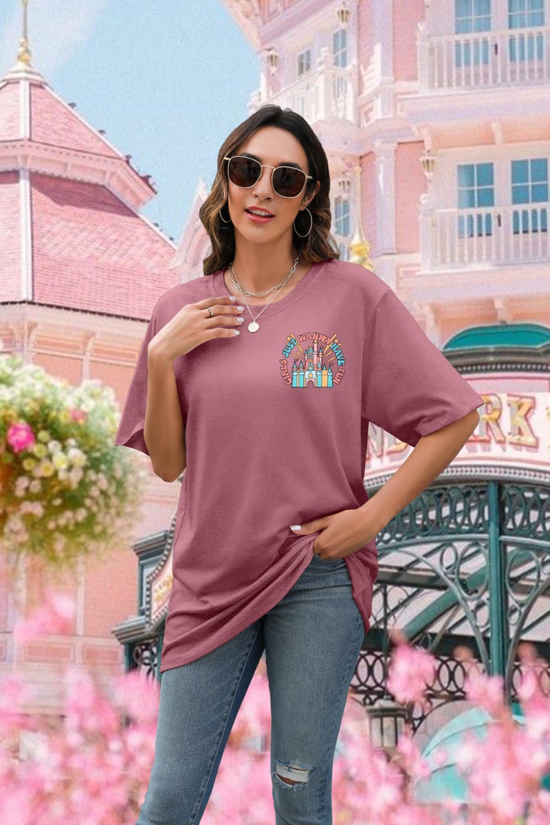 VILOVE Magic Kingdom Shirt Women Girls Just Wanna Have Fun Shirt Girls Trip T-Shirt Cute Magical Tee Summer Vacation Tops Pink - Image 2