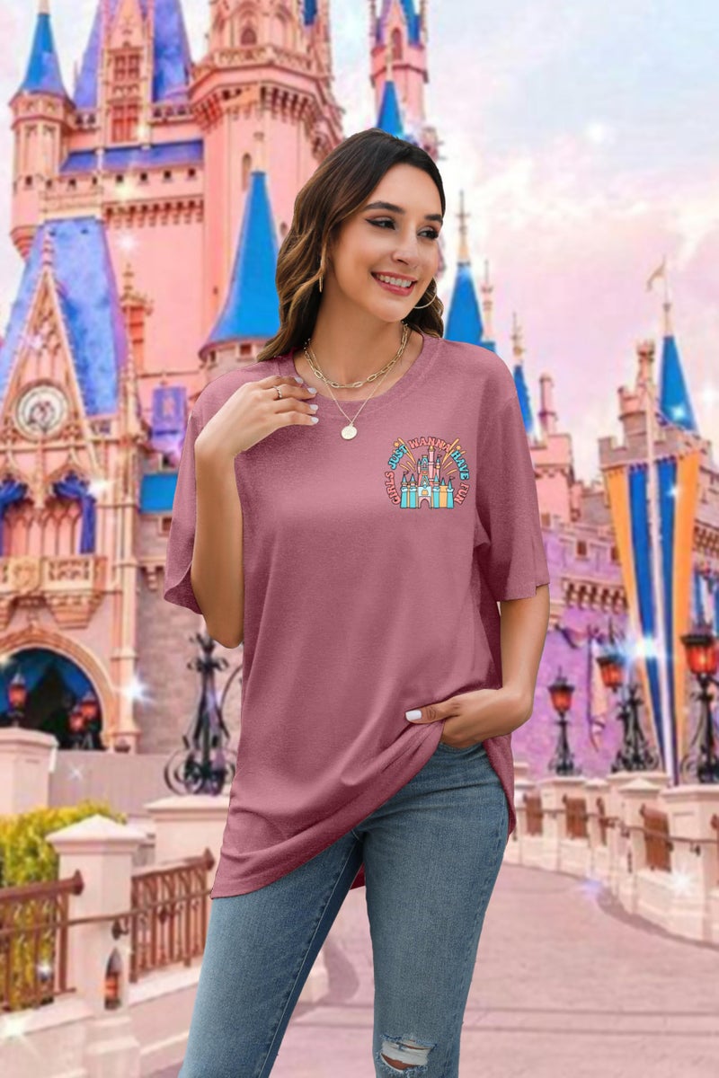 VILOVE Magic Kingdom Shirt Women Girls Just Wanna Have Fun Shirt Girls Trip T-Shirt Cute Magical Tee Summer Vacation Tops Pink - Image 3