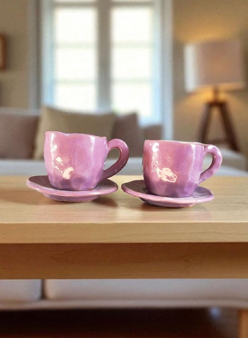 كلور زون بوتري 2 فنجان قهوه بالطبق، آمن للاستخدام في الميكروويف، مصنوع يدويًا من الفخار - Image 1