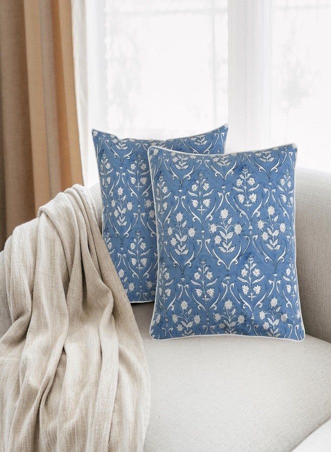 Ridhi Hand Block Print 20x20 Baby Blue Decorative Outdoor Couch Throw Canvas Pillow Cover Set of 2 Washable Modern Vintage Boho Chic Spring Home Decor Gifts Cover - Image 2