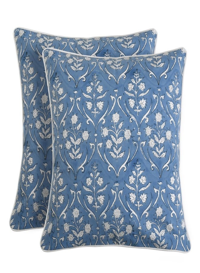 Ridhi Hand Block Print 20x20 Baby Blue Decorative Outdoor Couch Throw Canvas Pillow Cover Set of 2 Washable Modern Vintage Boho Chic Spring Home Decor Gifts Cover - Image 1