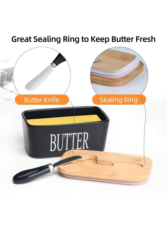Generic - Ceramic Butter Dish with Wooden Lid, Large Butter Container Keeper Storage with Stainless Steel Butter Knife Spreader, Bamboo Cover and Silicone Sealing Ring for West East Coast Butter, Black - Image 1