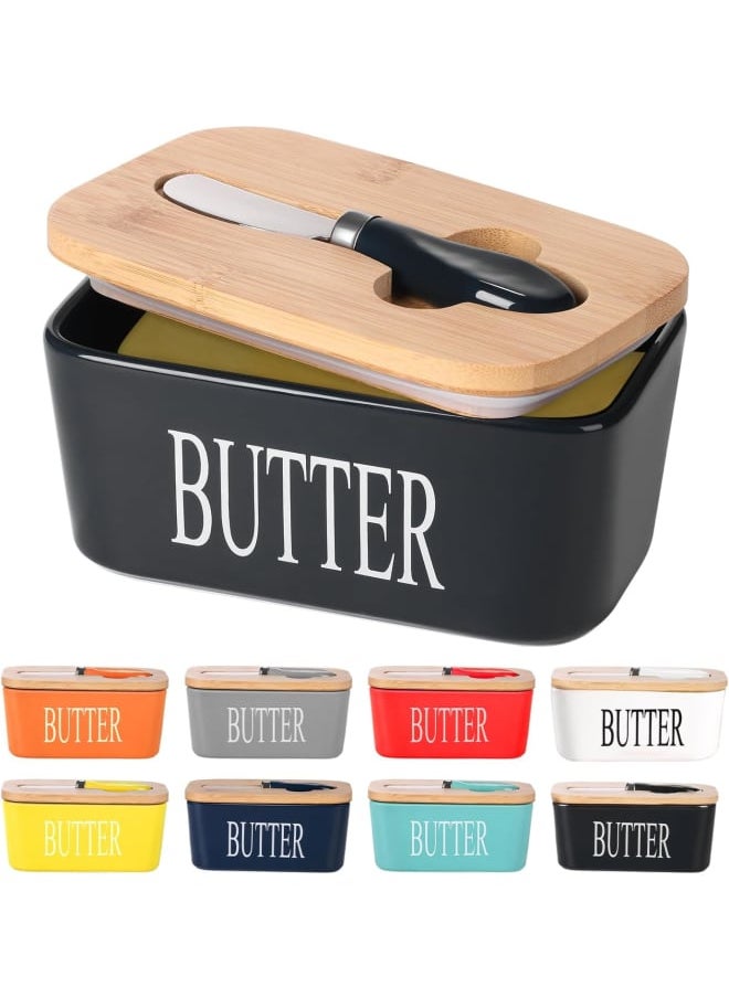 Generic - Ceramic Butter Dish with Wooden Lid, Large Butter Container Keeper Storage with Stainless Steel Butter Knife Spreader, Bamboo Cover and Silicone Sealing Ring for West East Coast Butter, Black - Image 1