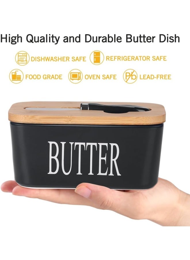 Generic - Ceramic Butter Dish with Wooden Lid, Large Butter Container Keeper Storage with Stainless Steel Butter Knife Spreader, Bamboo Cover and Silicone Sealing Ring for West East Coast Butter, Black - Image 1