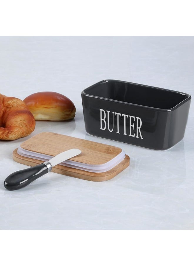 Generic - Ceramic Butter Dish with Wooden Lid, Large Butter Container Keeper Storage with Stainless Steel Butter Knife Spreader, Bamboo Cover and Silicone Sealing Ring for West East Coast Butter, Black - Image 1