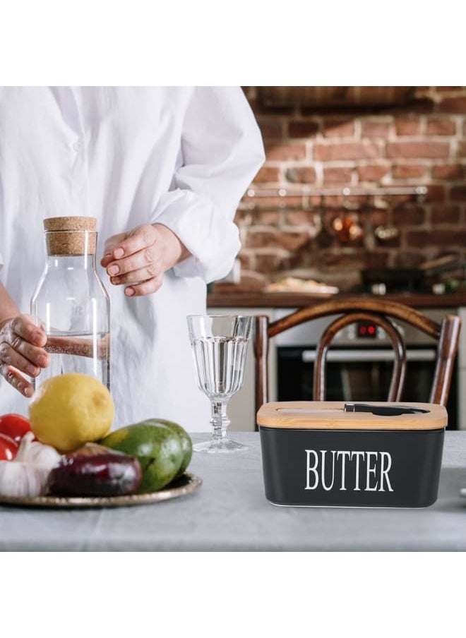 Generic - Ceramic Butter Dish with Wooden Lid, Large Butter Container Keeper Storage with Stainless Steel Butter Knife Spreader, Bamboo Cover and Silicone Sealing Ring for West East Coast Butter, Black - Image 1