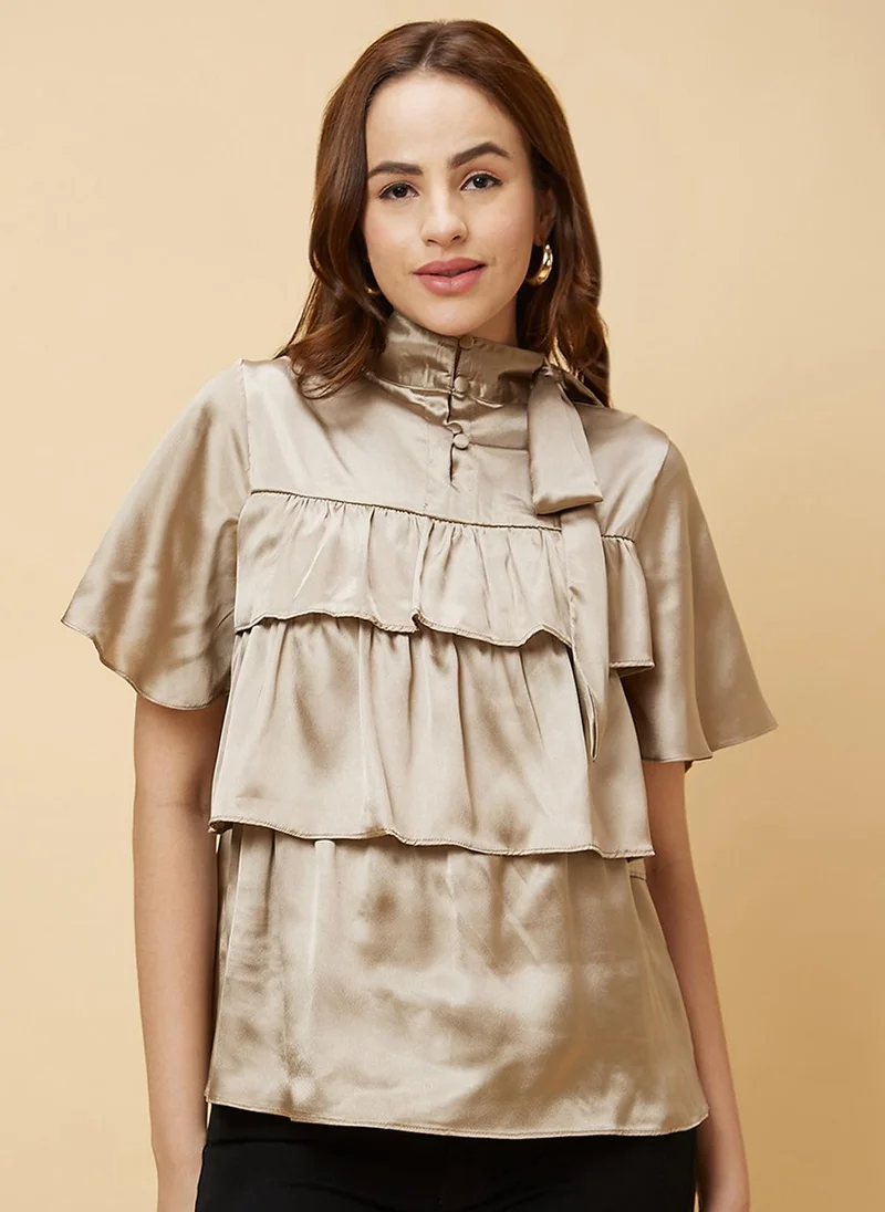 globus Globus Women Gold-Toned Flutter Sleeve Layered Satin Tiered Top