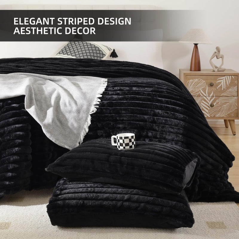 Smoofy Fluffy King Size Comforter Set 3 Pieces - Black Fleece Fluffy Comforter Set, Luxury Fuzzy King Bedding Set, Soft King Bed Set All Season, Heavy Faux Fur Comforter with 2 Pillow Cases - Image 3