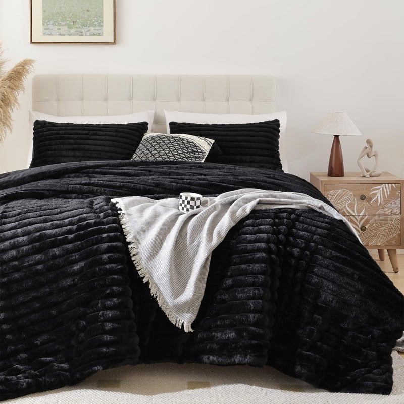 Smoofy Fluffy King Size Comforter Set 3 Pieces - Black Fleece Fluffy Comforter Set, Luxury Fuzzy King Bedding Set, Soft King Bed Set All Season, Heavy Faux Fur Comforter with 2 Pillow Cases - Image 1