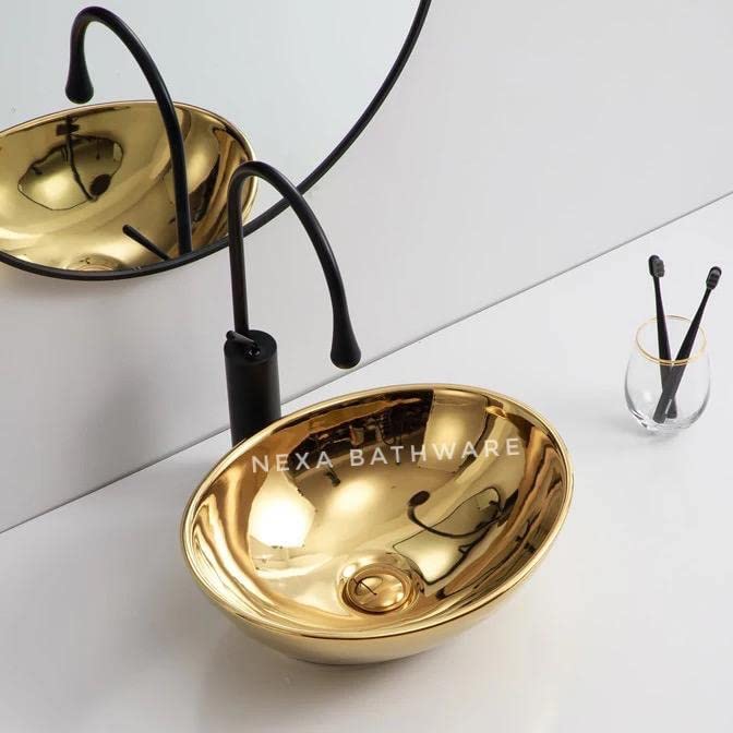Nexa Bathware Impoarted Ceramic Wash Basin Luxurious Wash basin Table Top Bathroom Sink WashBasin GOLD Colour With High Temprature 16 x 13 x 6 INCH EQ020 - Image 1