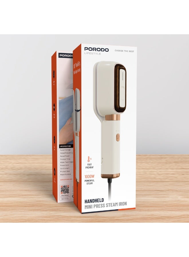 porodo Mini Press Steam Iron Handheld with Fast Preheat & 1000W Powerful Steam / Three‐Mode Ironing / 60ml Water Tank Capacity / Edge‐Tip  Access / Gentle Fabric Care - Beige - Image 4