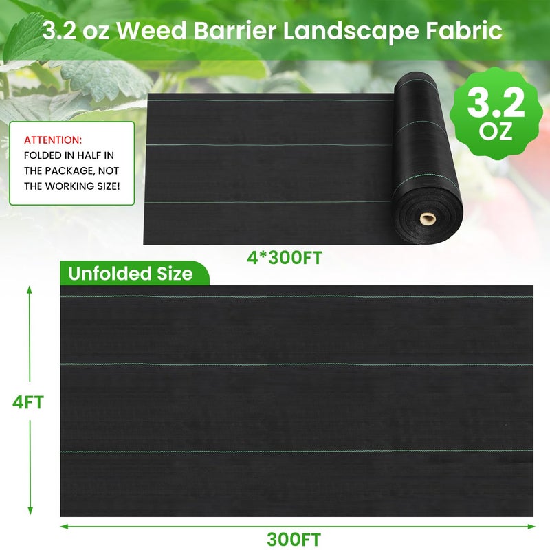 Rintea 4FTX300FT Weed Barrier Fabric, 3.2oz Landscape Fabric, Durable Weed Barrier Fabric Heavy Duty with 20 U-Shaped Securing Pegs for Landscaping Weed Blocker Garden Bed Cover, Commercial Driveway - Image 2