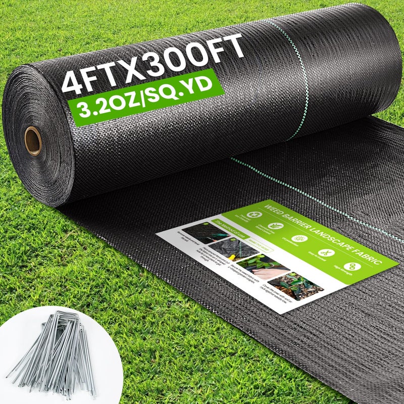 Rintea 4FTX300FT Weed Barrier Fabric, 3.2oz Landscape Fabric, Durable Weed Barrier Fabric Heavy Duty with 20 U-Shaped Securing Pegs for Landscaping Weed Blocker Garden Bed Cover, Commercial Driveway - Image 1