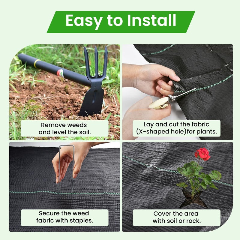 Rintea 4FTX300FT Weed Barrier Fabric, 3.2oz Landscape Fabric, Durable Weed Barrier Fabric Heavy Duty with 20 U-Shaped Securing Pegs for Landscaping Weed Blocker Garden Bed Cover, Commercial Driveway - Image 5