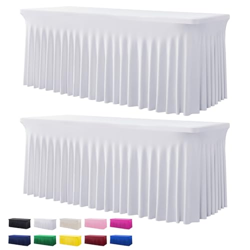 Htper Htper 2 Pack White Spandex Table Clothes for 6 Foot Rectangle Tables Wrinkle Free Fitted Table Cover 6ft Stretch Tablecloths Desk Skirt for Parties Weddings Birthday Banquet Baby Shower