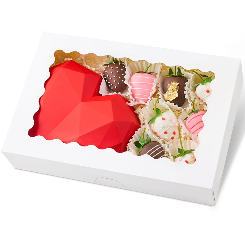 Kucoele 20 PCS Bakery Boxes with Window, 12 x 8 x 2.5 Inches Pastry Boxes Auto-Popup Treat Boxes for Chocolate Covered Strawberries, Cookies, Muffins, Donuts, Breakable Hearts - Image 1