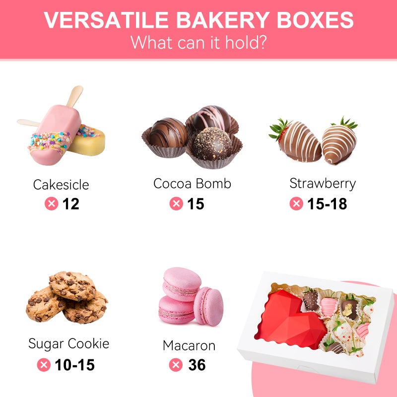 Kucoele 20 PCS Bakery Boxes with Window, 12 x 8 x 2.5 Inches Pastry Boxes Auto-Popup Treat Boxes for Chocolate Covered Strawberries, Cookies, Muffins, Donuts, Breakable Hearts - Image 4