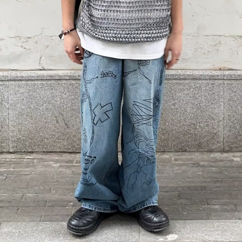 American-Style High Street Graffiti Wide-Leg Jeans Men And Women Loose Couple Vintage Casual All-Match Fashion Brand Long Pants - Image 1