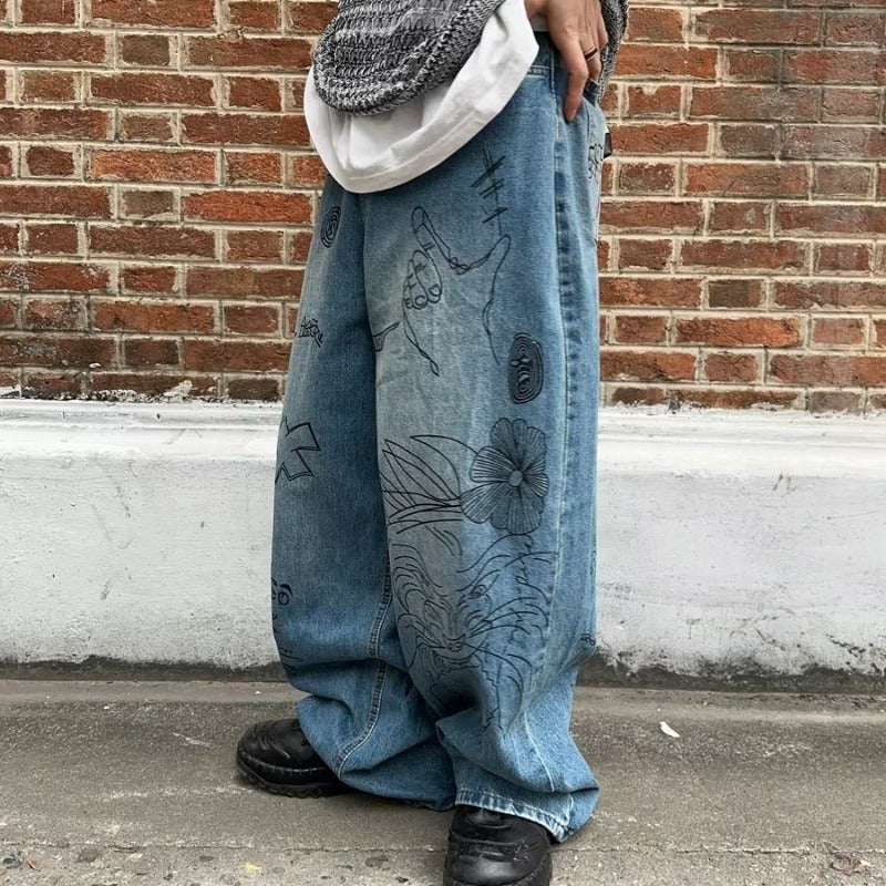 American-Style High Street Graffiti Wide-Leg Jeans Men And Women Loose Couple Vintage Casual All-Match Fashion Brand Long Pants - Image 3