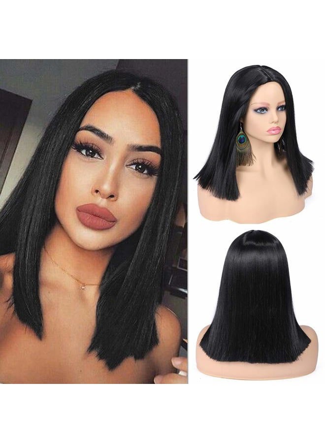 quickwig Quick Wig Short Straight Bob Wigs Black Short Wig Middle Part Synthetic Wigs Shoulder Length Daily Cosplay Party Wigs for Women 14 inches - Image 1