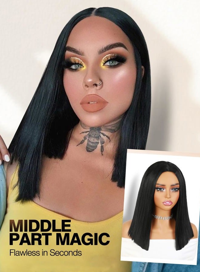 quickwig Quick Wig Short Straight Bob Wigs Black Short Wig Middle Part Synthetic Wigs Shoulder Length Daily Cosplay Party Wigs for Women 14 inches - Image 4