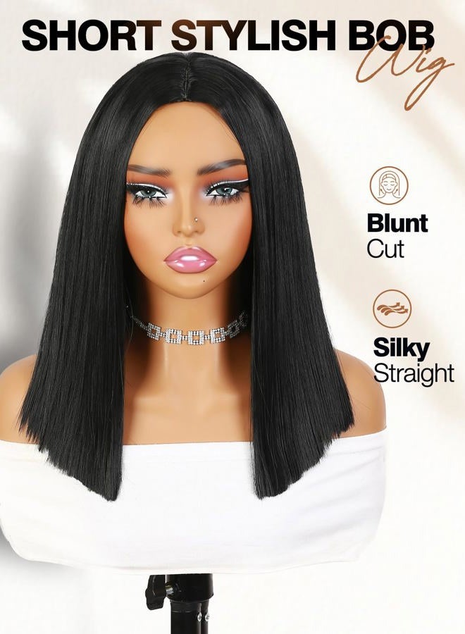 quickwig Quick Wig Short Straight Bob Wigs Black Short Wig Middle Part Synthetic Wigs Shoulder Length Daily Cosplay Party Wigs for Women 14 inches - Image 2