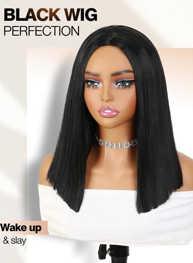 quickwig Quick Wig Short Straight Bob Wigs Black Short Wig Middle Part Synthetic Wigs Shoulder Length Daily Cosplay Party Wigs for Women 14 inches - Image 3